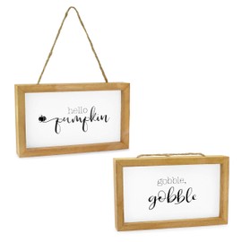 AuldHome Farmhouse Decor Fall Theme Wood Signs (Set of 2); Door Hanger Welcome Harvest Thanksgiving Autumn Seasonal Plaques 8.5 x 5 inches