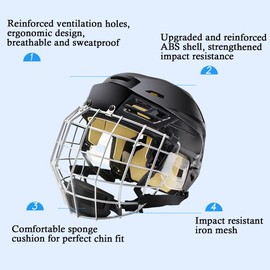 Ice Hockey Helmet Breathable Hockey Helmet with Cage for Youth Adult (Black, Large)