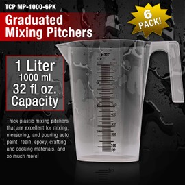 TCP Global Jarra graduada de plástico de 1 litro (1000 ml) (paquete de 6) – Capacidad para más de 1 cuarto (32 onzas) – Vasos de vertido, medición y mezcla de pintura, resina, epoxi, ingredientes para hornear de cocina