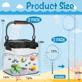 2 Sets Catch and Release Plastic Beach Aquarium Kit,Great Concept for Catching with Retractable Net Bag and Release Clear and Transparent Portable Handheld （Black）