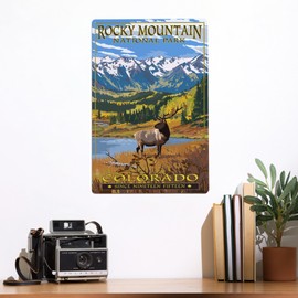 Lantern Press 12x18 Inch Metal Sign, Rocky Mountain National Park, Colorado, Fall and Elk