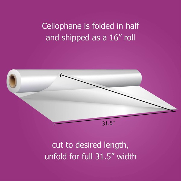 Purple Q Crafts Clear Cellophane Wrap Roll 31.5 Inches Wide 1.2 Mil Thick Cellophane Roll for Baskets Gifts Flowers Food Safe Cello Rolls (Folded on 16" Roll - Unfolds to 31.5" Wide) (32" x50')