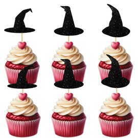 Black Glitter Silhouette 18pcs Cupcake Topper for Crown Witch Hat Theme Party Favors Decorations Women Girls Happy Birthday Party Decor Supplies
