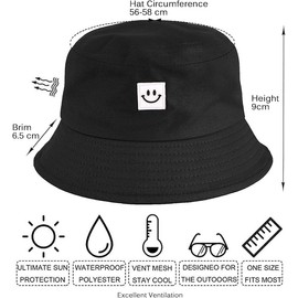 Bucket Hat, Sombrero del Pescador Algodón para Mujer y Hombre, Bucket Hat Plegable De La Sonrisa del,Sombrero de Sol,para Senderismo Camping y Playa (MX/US, Alfa, Talla única, Negro)