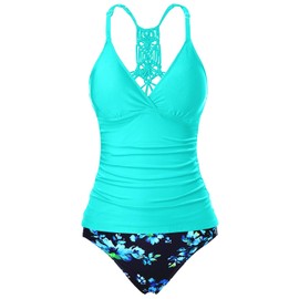 Holipick - Conjunto de tankini de dos piezas con control de abdomen para mujer, con cuello en V, parte superior, tankini con parte inferior de natación, Aqua and Blue Flower, XX-Large