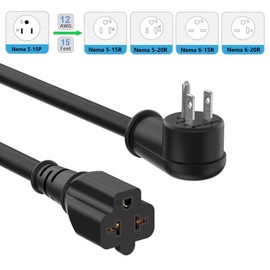 15Ft 12AWG Right-Angle 15Amp to 20Amp Extension-Cord, 90-Degree 15 Amp Household Plug to 20-Amp Extension-Cable, Nema 5-15P to 5-15R,5-20R,6-15R,6-20R, Angled 15A 125V Plug to 20A AC Power Cord
