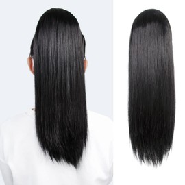 SERENDIPA Ponytail Extension, Short Straight Drawstring Pony Tail 16 Inch, Clip in Sleek Natural Fake Synthetic Hairpieces (Off Black)