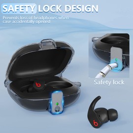 [Safety Lock] for Beats Fit Pro Case Cover,3 in 1 Cleaner Kit for Beats Fit Pro 2021,Accessories with Anti-Lost Keychain/Silicone Wrist Strap(Clear Black)