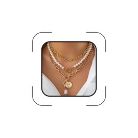 Chunky Pearl Layered Necklaces for Women Gold Big Statement Choker Necklace Set Charm Pearl Coin Pendant Necklace Trendy Jewelry Accessories Gifts (Gold2)