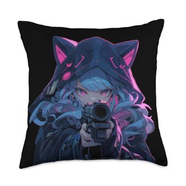 Cute Neko Anime Girl Assassin - Kawaii anime cat lover meow Throw Pillow