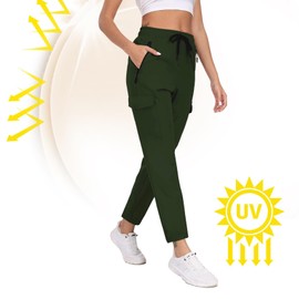 Womens Hiking Cargo Pants with Pockets Waterproof Quick Dry Lightweight Elastic Waist Drawstring UPF 50+ Travel Work Casual Active Outdoor Army Green L