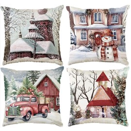 Aitsite Christmas Cushion Cover, Pack of 4 Winter Cushion Covers, Christmas Cushion Covers 45 x 45 cm, Winter, Christmas Decoration for Living Room, Sofa, Bedroom Decoration (Red House)