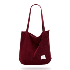 KALIDI Thicken Corduroy Totes Bag Extra Large Capacity Handbags Shoulder Bags with Zipper Cord Tote Bag for Women Ladies Girls Casual Shopping Bag for Work School College Daily Use (Burgundy)