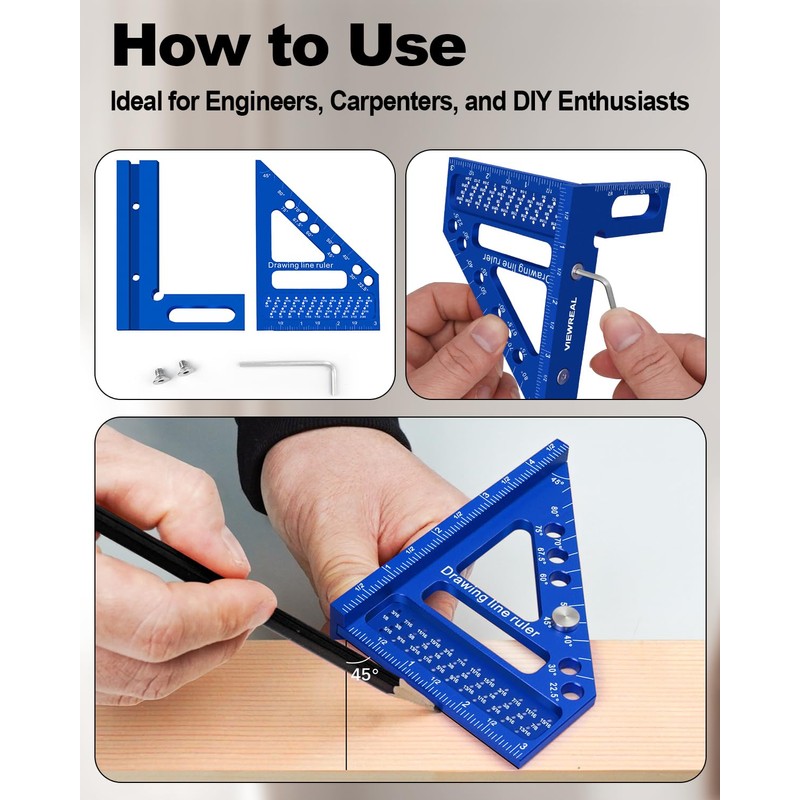 3D Multi-Angle Aluminum Alloy Woodworking Square Ruler, 22.5-90 Degree Protractor,