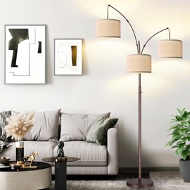 Dimmable Floor Lamp - 3 Lights Arc Floor Lamps for Living Room, 1000LM Modern Tall Standing Lamp With Beige Shades, Mid Century Tree Floor Lamp for Bedroom Office, 3 LED Bulbs Included - Brown