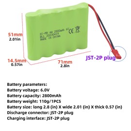 sea jump 2PCS 6.0V 2800mah AA Rechargeable Battery with JST-2P Plug and USB Charging Cable for Huina 540 Dump 520 RC Bulldozer and 510 Excavator 540 Engineering Vehicle Truck Stunt Vehicle Tank