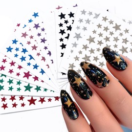 Stars Nail Art Stickers 3D Star Glitter Nail Design Decals Black White Gold Sliver Pink Red Stars Nail Stickers for Nail Art Supplies Independence Day Stars Charms Stickers for Nail Decoration-10 Pcs