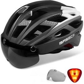 Casco Bicicleta, Basecamp Casco para Bicicleta con Luz Trasera y Visera Magnéticas Desmontables y Mochila Portátil Casco Ciclismo Hombre Mujer Ligero Ajustable para Adulto Montaña y Carretera (BC-069)