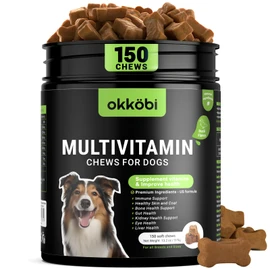 Dog Vitamins and Supplements - 150 Dog Multivitamin Chewable - Immune, Joint Support, Skin, Gut Health + Packed with Omega 3s, Glucosamine & Probiotics - Safe for Puppy - Duck