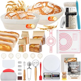 PeacePeo Banneton Proofing Basket Set,10 Inch Round & Oval Natural Rattan Sourdough Bread Proofing Basket Reusable Bread Baking Supplies with Sourdough Starter Jar, Perfect for Artisan Loaf Shaping