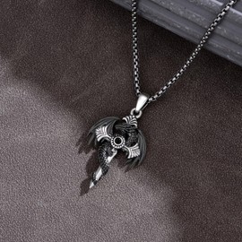Lypic Gothic Dragon Sword Necklace for Men Women 925 Sterling Silver Black Dragon Wrapped Sword Cross Pendant with Obsidian Dark Gothic Jewelry