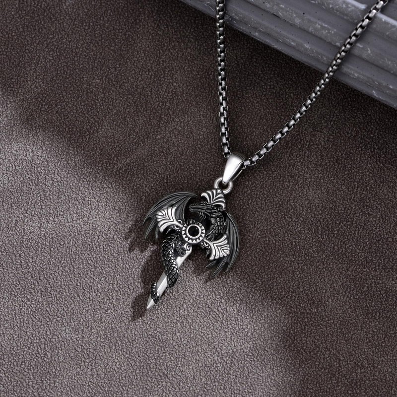 Lypic Gothic Dragon Sword Necklace for Men Women 925 Sterling