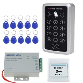 NN99 Access Control System Kit RFID Keypad Card Reader with Power Supply + Door Exit Button + 10pcs 125KHz Keyfobs No Electric Locks