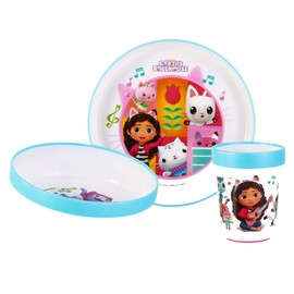 Gabby's Dollhouse 3pcs Bicolor Premium Kids Childrens Dinner Tableware Set Plate, Bowl & Tumbler, BPA Free