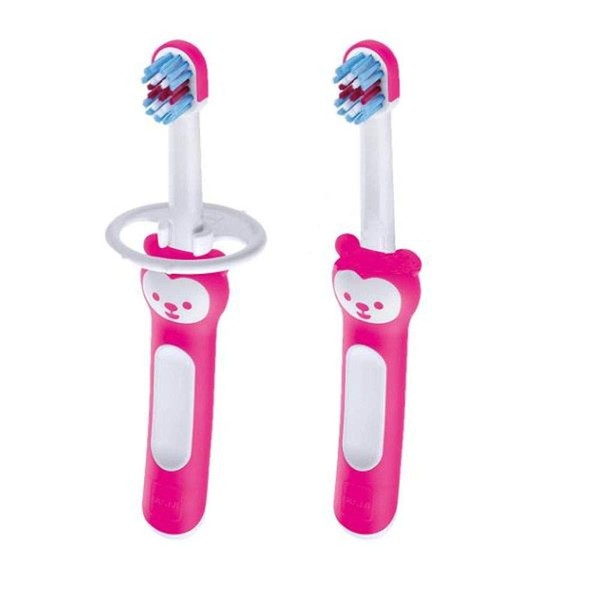 MAM Learn to Brush Set (1 Baby's Brush Toothbrush, 1 Training Brush, 1 Safety Shield), Baby Toothbrushes with Brushy The Bear, Interactive App, for Girls 5+ Months, Pink