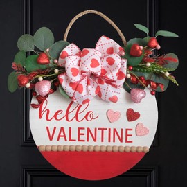 TEMPUS 16" Wood Wreath Valentine's Day Door Sign with Red Heart Berries and Buffalo Bow for Front Door Valentine's Day Anniversary Wedding Party Dinner Indoor Outdoor Decorations