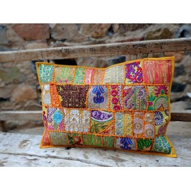Indian Handmade Decorative Vintage Sequin Patchwork Embroidery Exclusive Cushion Cover Floor Home Decor Pillow Case 60cmx40cm 24"x16" (YELLOW)