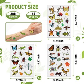 Maitys 288 Pcs Bug Temporary Tattoos, 48 Styles Insect Reptile Stickers, Kids' Birthday Party Supplies, Butterflies, Bees, Spiders, Beetles, Arts and Crafts