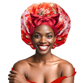 Ptrin Satin Bonnet, Double-Sided Silk Bonnets for Sleeping, Night Hairs Sleep Cap with Elastic Band,Head Cover Hat for Women Girls Long, Straight, Curly Hair for Women,Peony Red