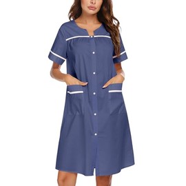 Ekouaer Sleepwear Womens Snap Front Nightgown Housecoat Cotton Duster Short Sleeve House Dress Navy Large
