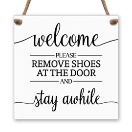 Acrylic Please Remove Your Shoes Sign, Hanging Welcome Sign for Front Door, No Shoes Sign for House, Take Your Shoes Off Sign Wreath, 6.5" Stay Awhile Sign, White Front Porch Decor Made in USA