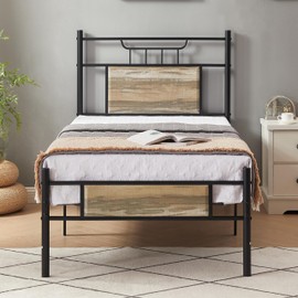 VECELO Twin Size Bed Frame with Wood Headboard, Metal Platform Bed Frame with Footboard, Strong Metal Slats and Anti-Slip Support, No Box Spring Needed, Easy Assembly, Light Slate Grey
