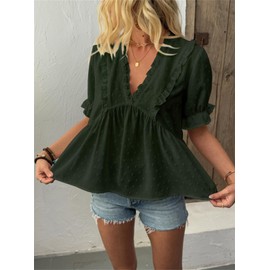 Nicetage Womens Elegant Dressy Blouse V Neck Ruffle Sleeve Flowy Shirts Dressy Casual Summer Tops C-LE3-Vshirt-ArmyGreen-L