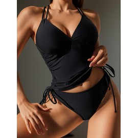 Women Tankini Tops V Neck Twist Swim Tops Ruched Tummy Control Bathing Suit Top (Black, S)