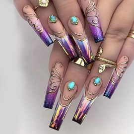 ANDGING Ombre Purple Press on Nails Coffin Long Glue on Nails Fake Nails for Women with Gold Curved Rhinestone Designs Acrylic Gel Manicure Stick on Nails Aesthetic Artificial False Nails for Wedding
