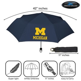 Storm Duds Mini Compact Storm Umbrella - Michigan Wolverines Logo 42” Coverage, Folds to 11 Inches- Swivel Clip on Handle - Water, Wind & Rust Resistant, and Flexible Frame
