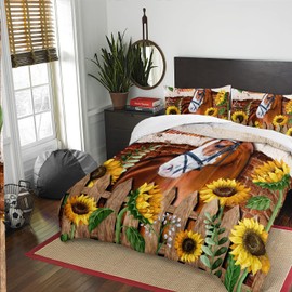 AILONEN Brown Horse Bedding Set Queen Size, Sunflowers Retro Brick Wall Wooden Fence Comforter Set Farm Gardening Style Soft Breathable Duvet Set for Teens Boys Adults 3Pcs, 1 Quilt and 2 Pillowcases