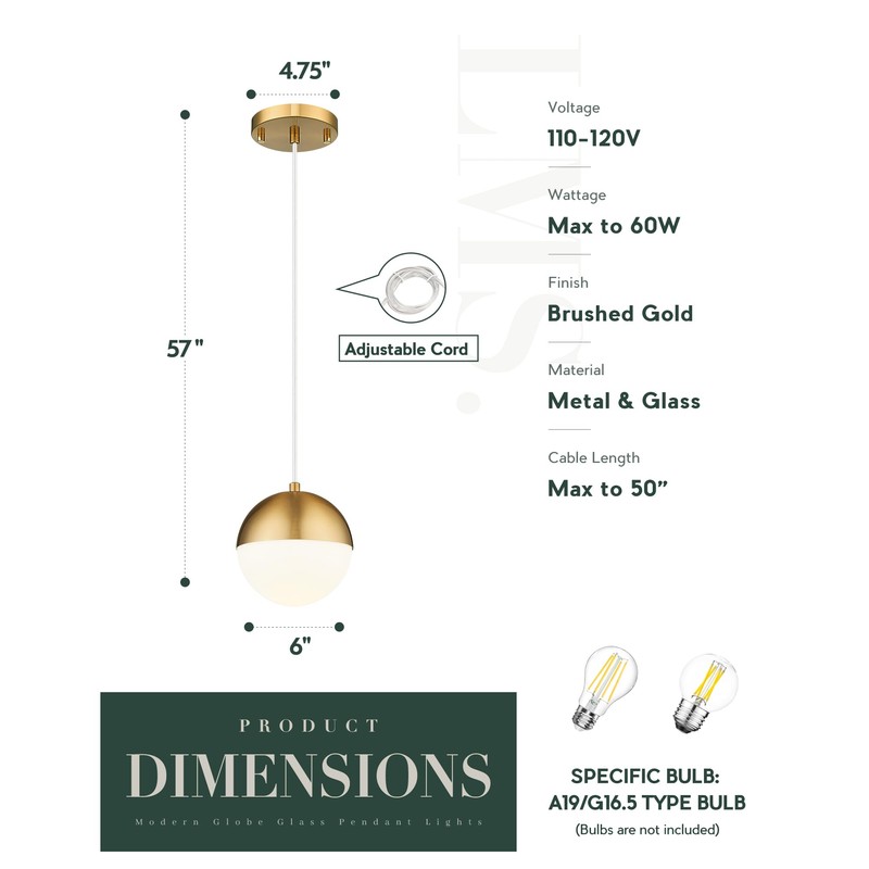 LMS Mid Century Pendant Lights, Brushed Gold Kitchen Island Light