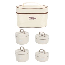 Insulated Lunch Container 304 Stainless Steel Leakproof Portable Round Thermal Bento Box with Lid and Thermal Bag Beige 4PCS