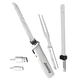 Jesweey Cordless Electric Carving Knife for Meat Slicing, Fish, Bread, Turkey, Ergonomic Handle, Serving Fork Included, Package Box for Storage & Safety Lock