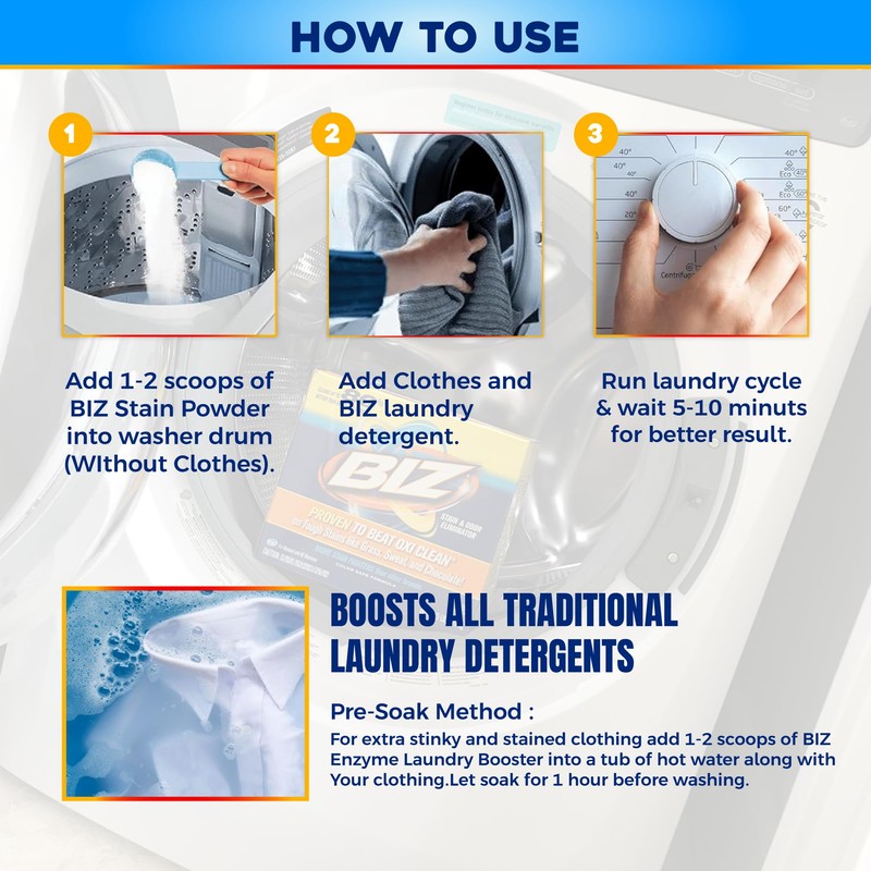 Biz Laundry Detergent Powder, Stain and Odor Eliminator for Tough