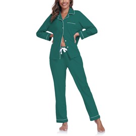 COLORFULLEAF Women's 100% Cotton Pajamas Set Long Sleeve Sleepwear Notched Collar Loungewear Button Down PJs (Green, S)