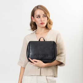 FARMHOOD Memphis Women's / Men's Leather Toiletry Bag, Large Cosmetic Bag with Hooks for Hanging, Many Compartments with Zip, Beauty Case 27 cm with Zip on the Back, black, Leather toiletry bag with