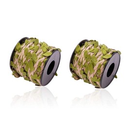 Burlap Leaf Ribbon 2 Rolls 66 Feet Total 5mm Natural Jute Twine with Artificial Green Leaves Braided Decorated Vine for Jungle Safari Party Wedding Garden Home Decor