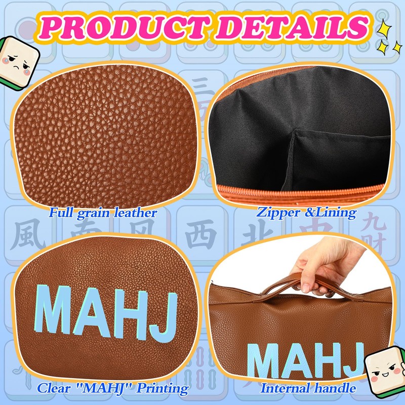 Tallew Leather Mahjong Tile Bag with Zipper Handle Lining Mahjong