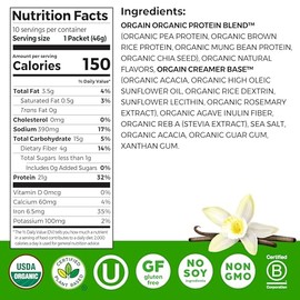 Orgain Organic Vegan Protein Powder, Vanilla Bean - 21g Plant Protein, 5g Prebiotic Fiber, Low Carb, No Lactose Ingredients, No Added Sugar, Non-GMO, 